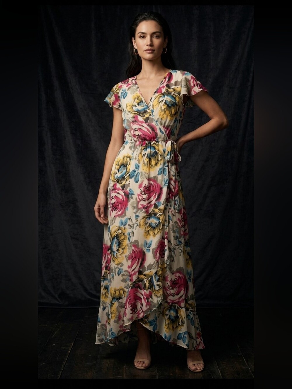 Band of Gypsies Floral Pink/ Yellow/Maxi Long Dress Boho Women's sz Larg Cottage